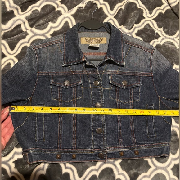 Cropped denim jacket w/ small edgy studs. Red & yellow stitching. Distressed - Picture 10 of 11